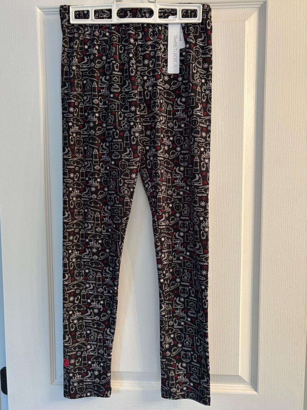 SWEETLEGS Canada Themed Black Patterned Leggings with White & Red Motifs